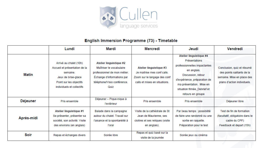 Immersion Savoie - Planning